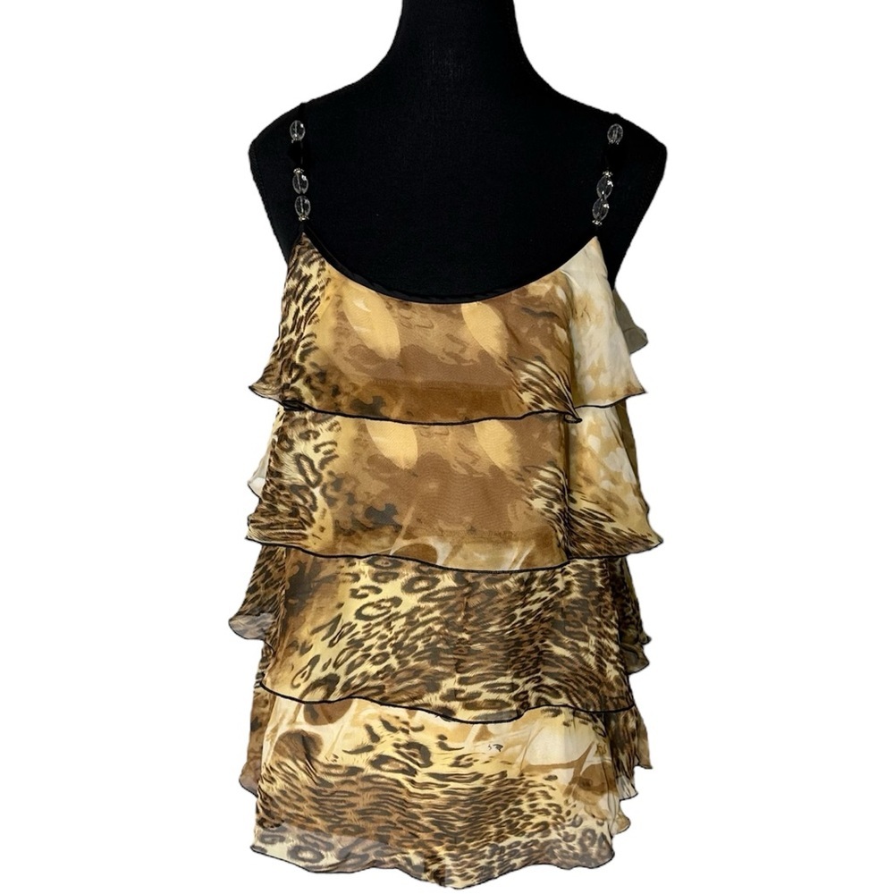 LAPIS Flowy Leopard Print Layered Tank Blouse Beaded Adjustable Straps Large